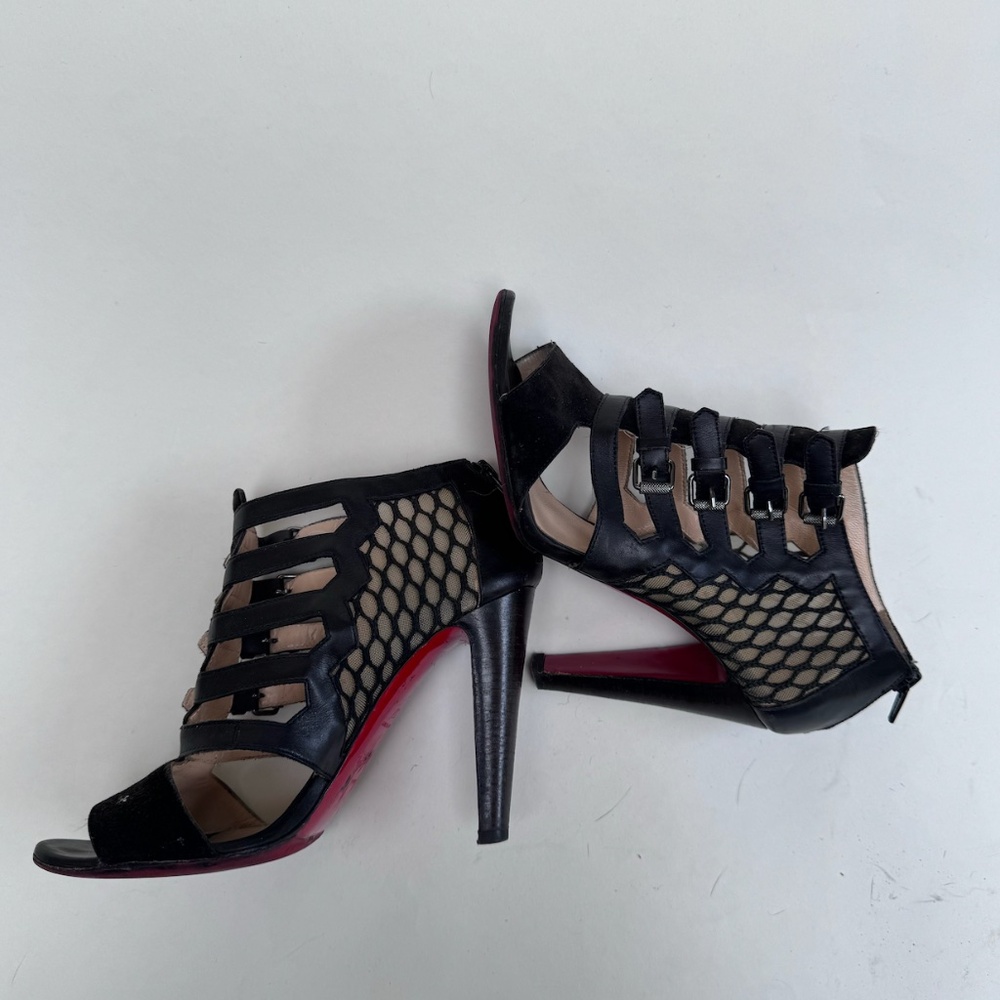 Christian Louboutin Buckle & mesh caged open toe bootie